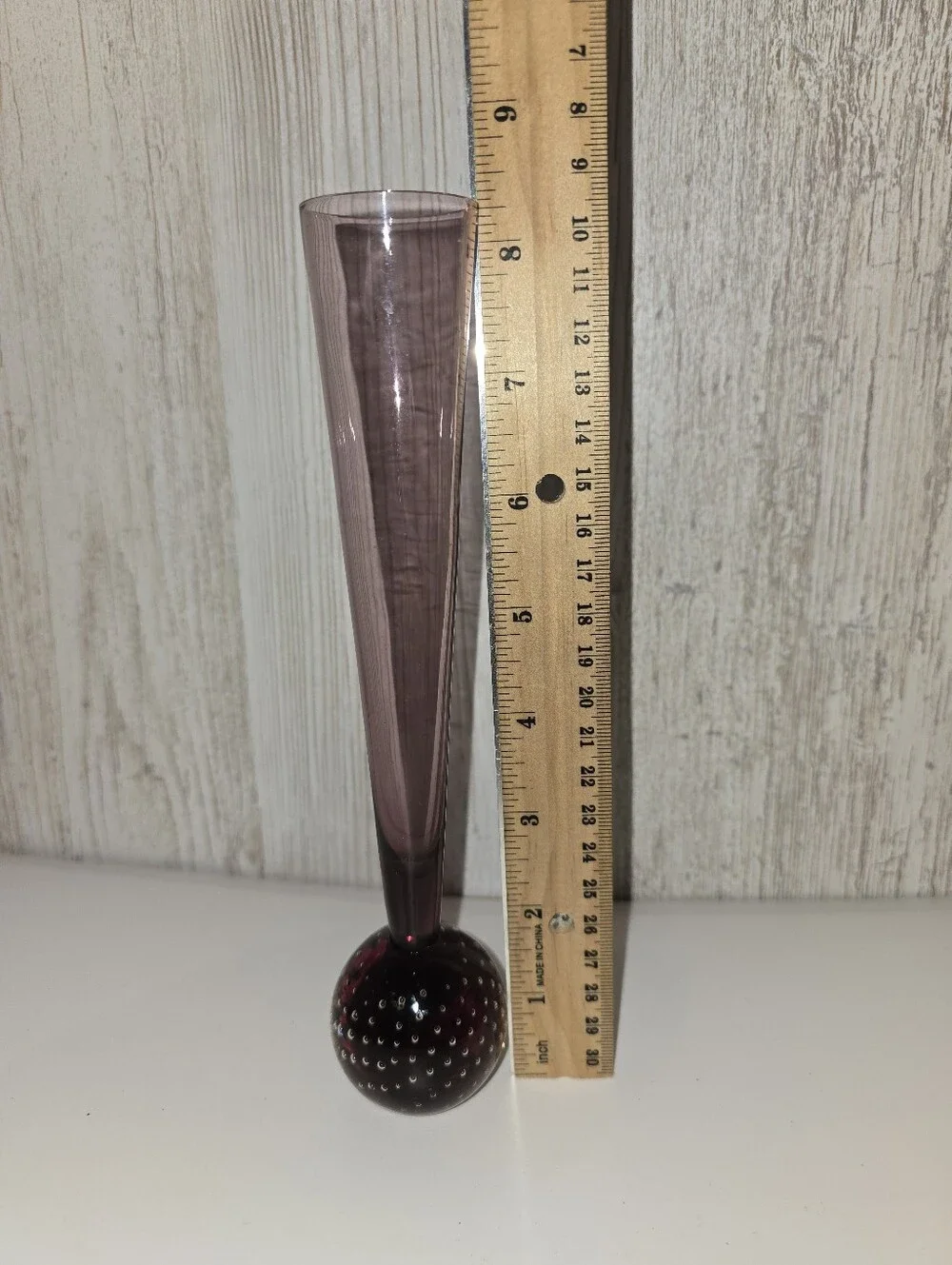 Vintage Amethyst Controlled Bubble Hand Blown Art Glass Bud Vase 8” Tall MCM